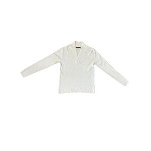 Jeanne Pierre Womens White V-Neck Ribbed Knit Cotton Sweater Size M